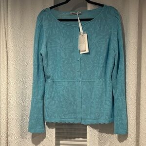 Grace Karin NWT Blue Button Down Pointelle Knit Top with Bell Sleeves 70s